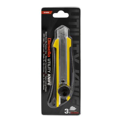 Kniv med Non-Slip gummigreb, 18 mm knivblad, Skruelås og magasin med 2 ekstra knivblade